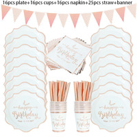 Różowe złoto dekoracje urodzinowe jednorazowe zastawy stołowe zestaw kubek papierowy dla dorosłych ślubne dekoracje na imprezę urodzinową dla dzieci Babyshower Girl 6